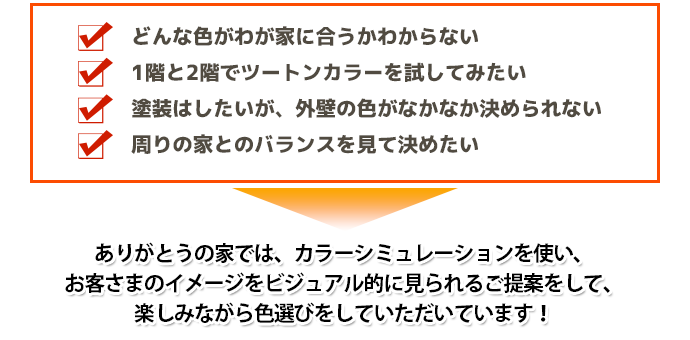 どんな色がわが家に合うかわからない。1階と2階でツートンカラーを試してみたい。塗装はしたいが、外壁の色がなかなか決められない。周りの家とのバランスを見て決めたい。