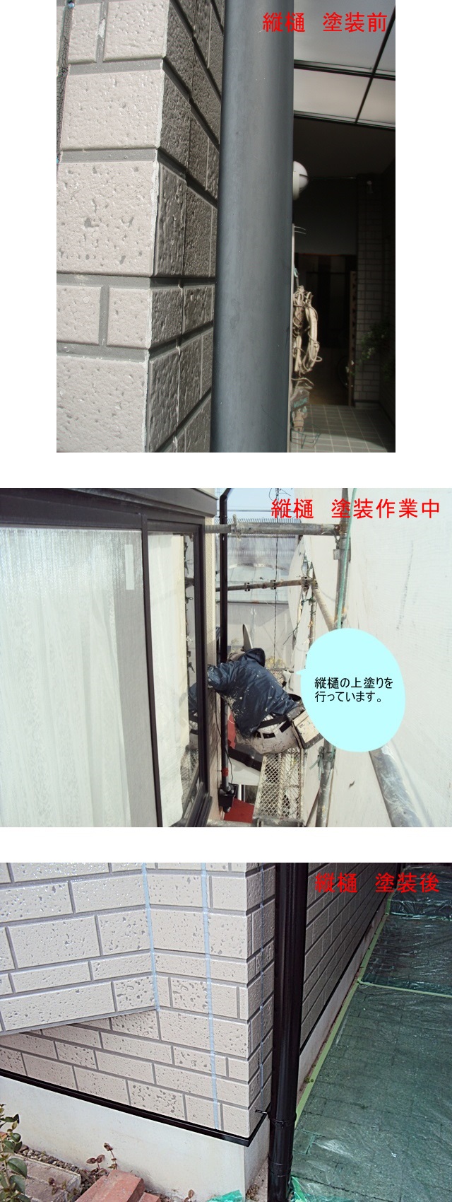 縦樋と土台水切り（外壁下部）は、軒樋・鼻隠し板と同じブラック色で塗装しました。