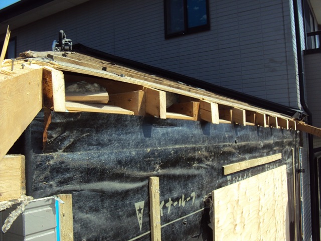 増築部分と取合う屋根の瓦と軒先を撤去し、建て方の準備が整いました。