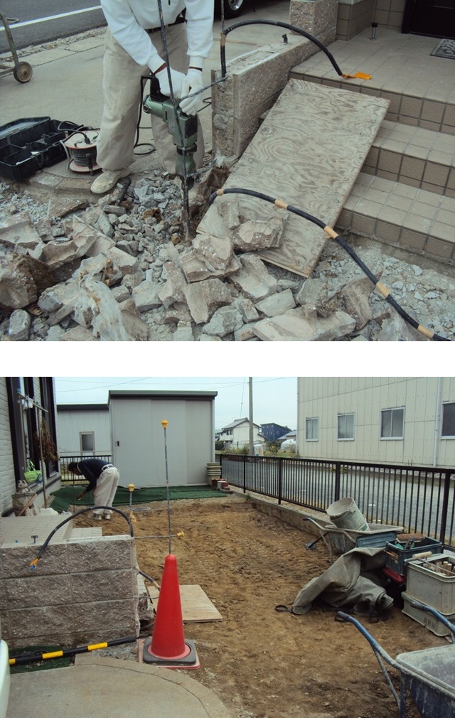 通路を広げる為、ブロック塀を一部解体した後、土間のコンクリート舗装を行うため、余分な土を鋤取りました。
