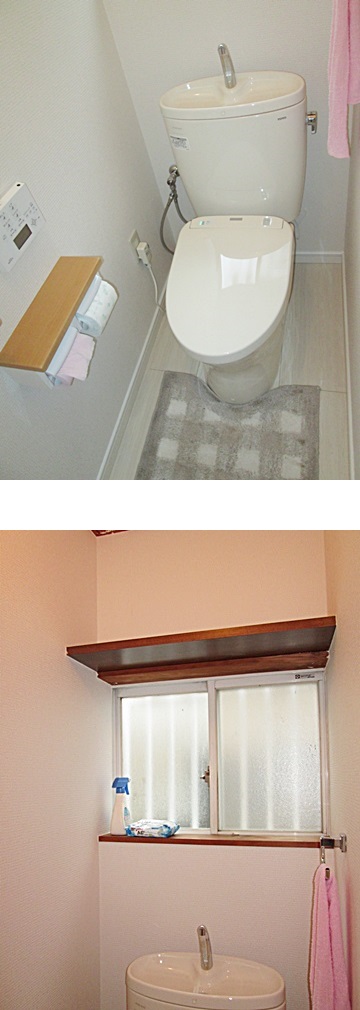トイレは白を基調に明るく清潔感のある空間に仕上げています。また、窓の上に棚を設けて使い勝手をよくしました。