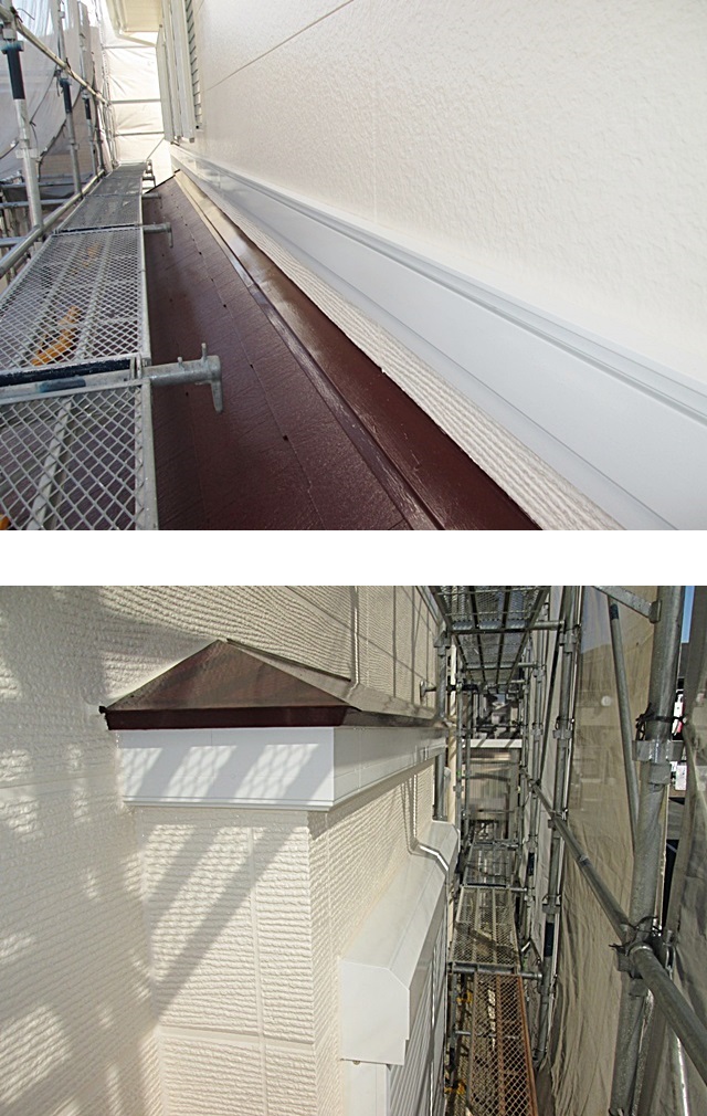 幕板とシャッターボックスをホワイトに、屋根水切りや霧除屋根は屋根と同じえんじ色で塗装しました。