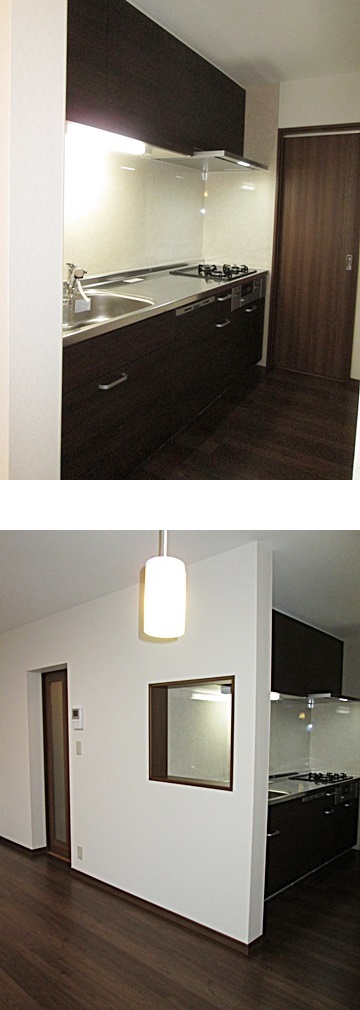 キッチンも落ち着いた色の扉で統一。真っ白なクロスとの対比が美しいです。スッキリとした機能性の高いＬＤＫとなりました。