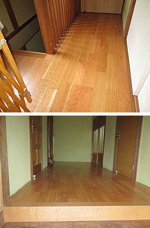 ２階廊下と玄関の床を張り替えました。建具との色調を合わせバランスの良い仕上がりとなりました。