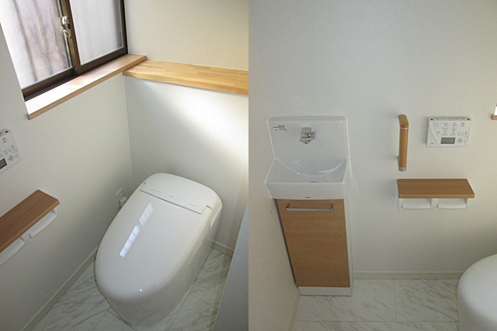 １階のトイレは、タンクレスでスッキリとした納まりです。手すりや手洗いをつけて使い勝手を向上させました。